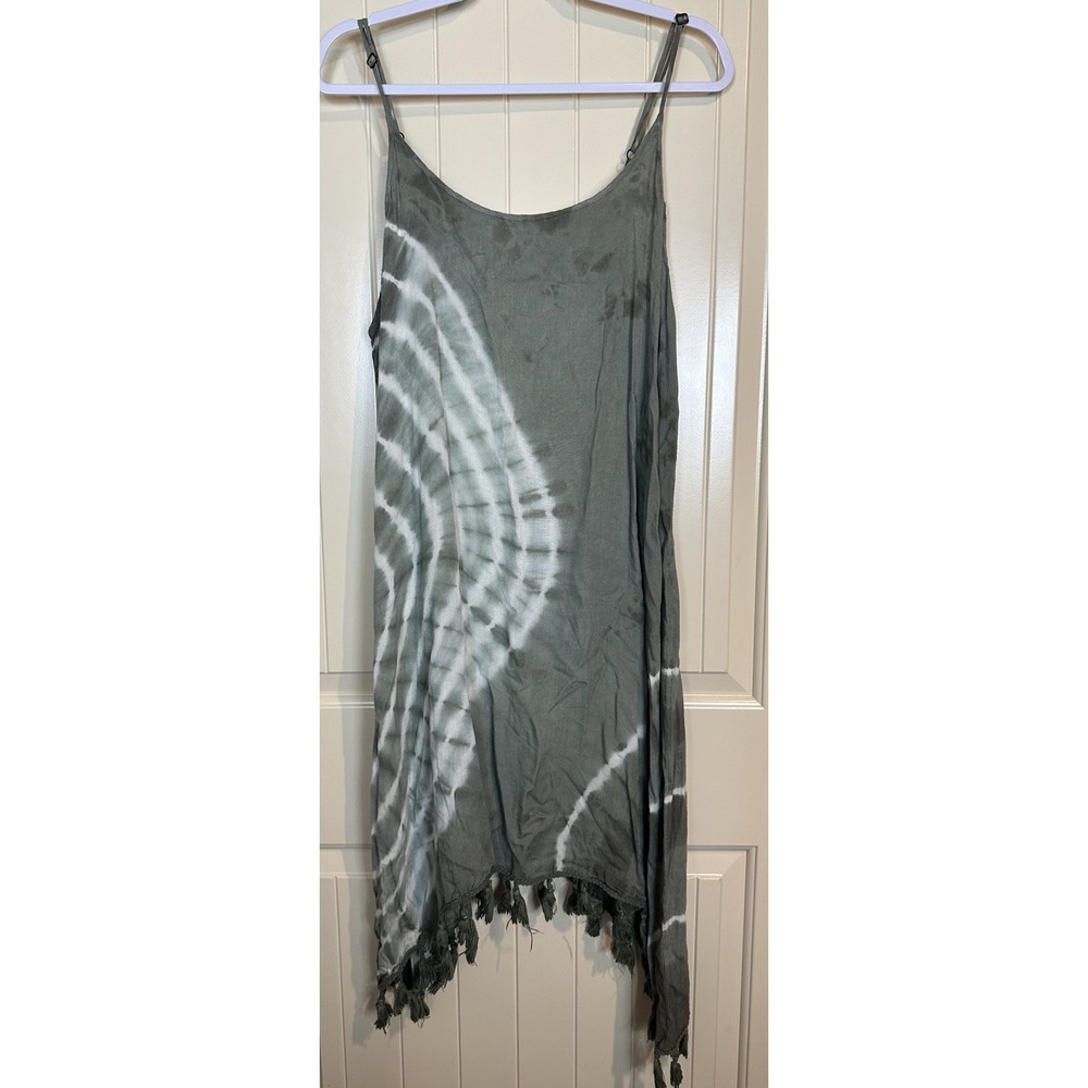 Forever 21 Olive Tie Dye Sleeveless Dress Spaghetti Straps Bohemian Sz 2X tassel